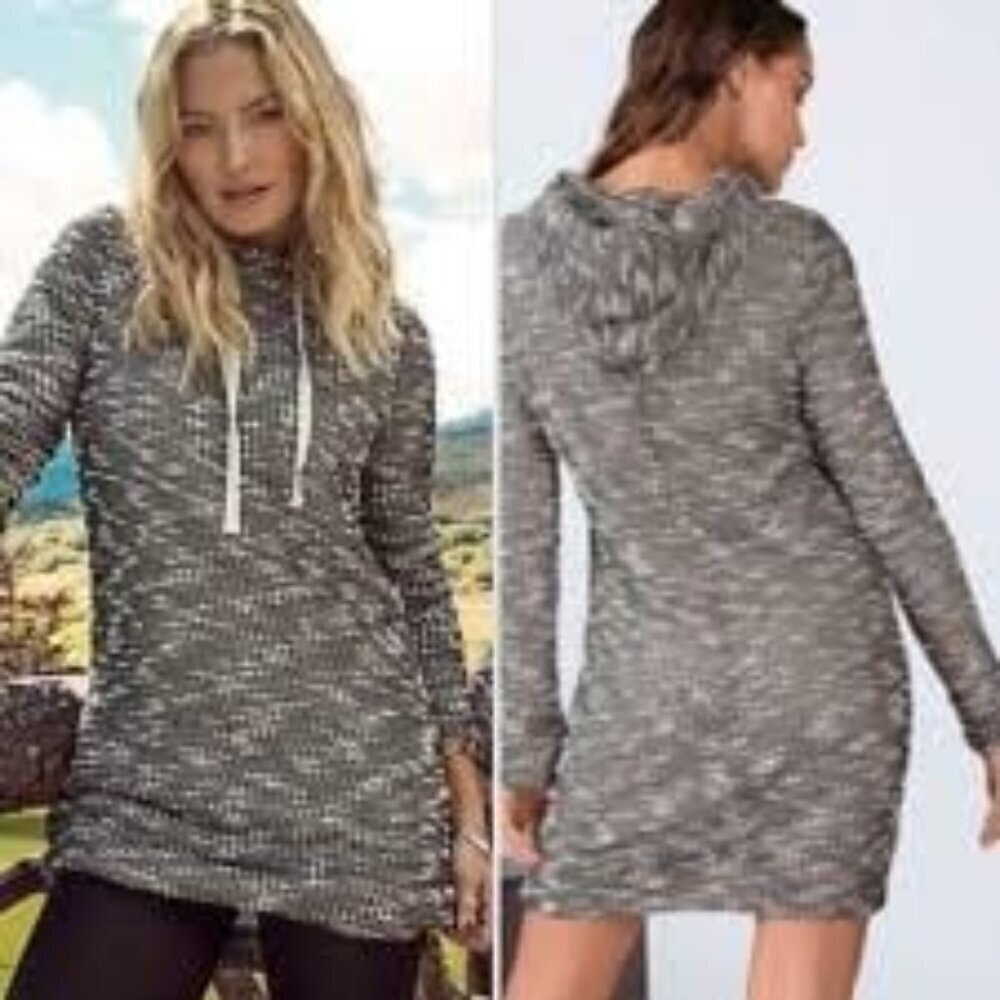 Fabletics Yukon Knit Sweater Dress Gray White Hooded Cozy Comfy Size Medium